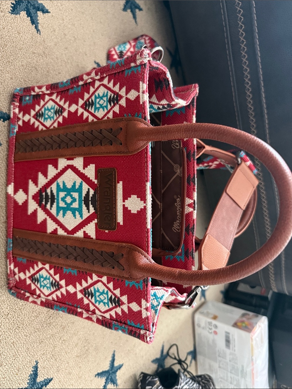 Wrangler Red Southwestern Tote with Turquoise Accents and Brown Trim - Picture 1 of 2